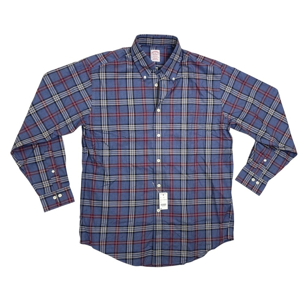 NEW Brooks Brothers Madison Fit Plaid Shirt Mens Medium Blue Red Supima Cotton